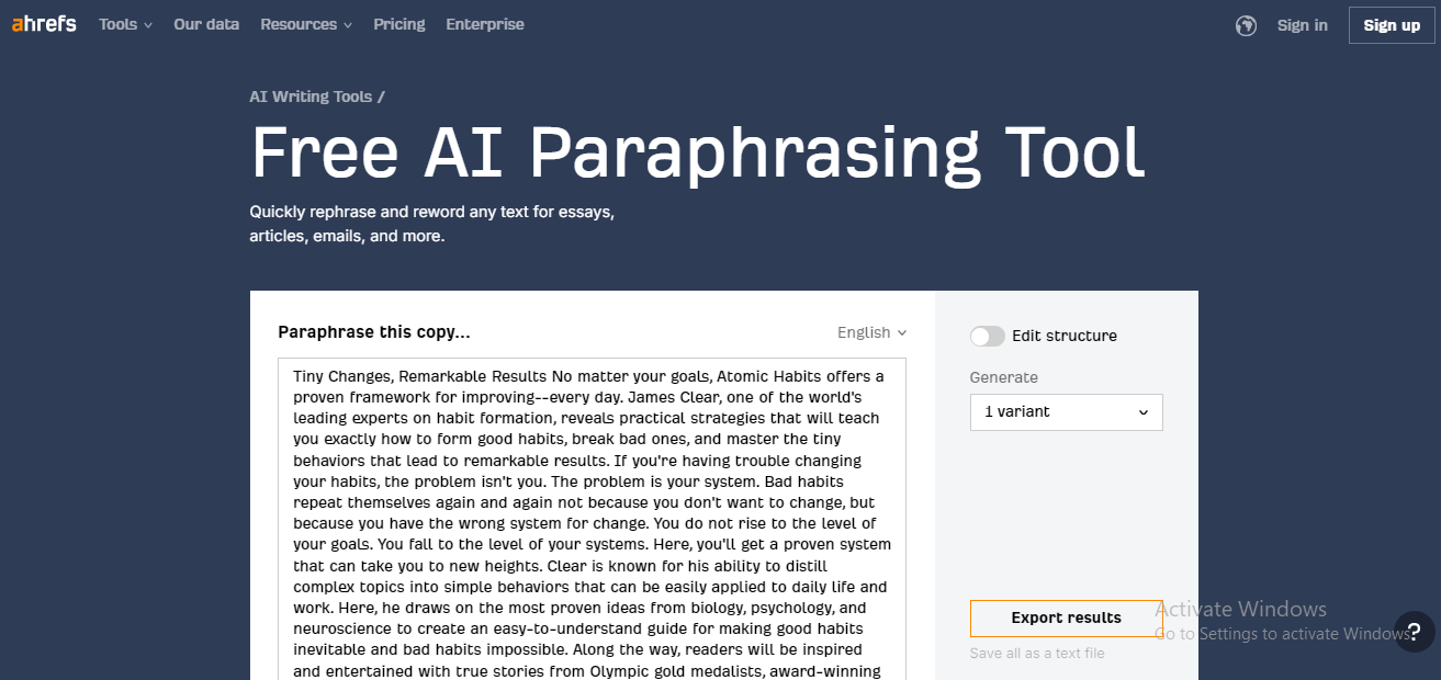 AI paraphrasing tool - Ahrefs